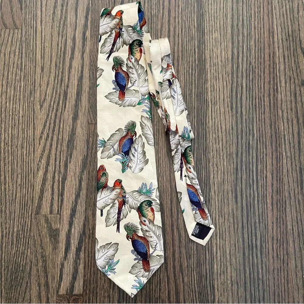 Vintage Tango by Max Raab tropical parrot print 100% silk tie
